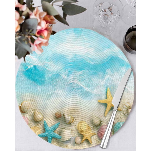 13 Inch Round Placemats Set of 6, Blue Summer Beach Non Slip Heat Insulation PP Table Mats, Coastal Starfish Shell Nautical Waves Washable Place Mats for Kitchen Dining Party Table Decor