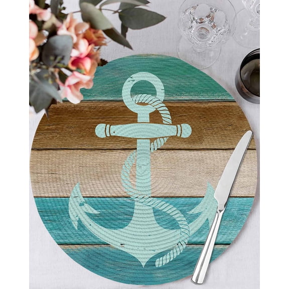 13 Inch Round Placemats Set of 6, Blue Teal Anchor Non Slip Heat Insulation PP Table Mats, Retro Brown Nautical Coastal Washable Place Mats for Kitchen Dining Party Table Decor