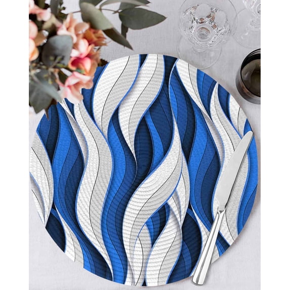13 Inch Round Placemats Set of 6, Blue White Moire Non Slip Heat Insulation PP Table Mats, Modern Abstract Art Washable Place Mats for Kitchen Dining Party Table Decor
