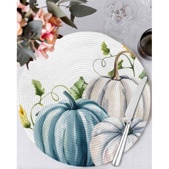 13 Inch Round Placemats Set of 6, Blue White Pumpkins Non Slip Heat Insulation PP Table Mats, Thanksgiving Fall Botanical Washable Place Mats for Kitchen Dining Party Table Decor