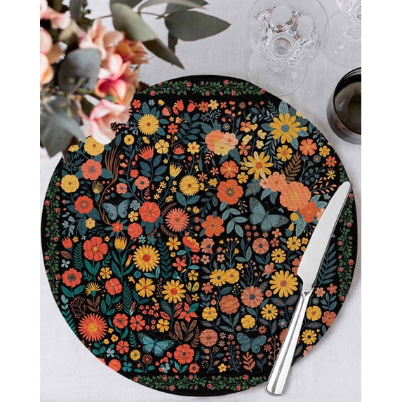 13 Inch Round Placemats Set of 6, Boho Black Flowers Non Slip Heat Insulation PP Table Mats, Spring Abstract Watercolor Floral Leaf Washable Place Mats for Kitchen Dining Party Table Decor