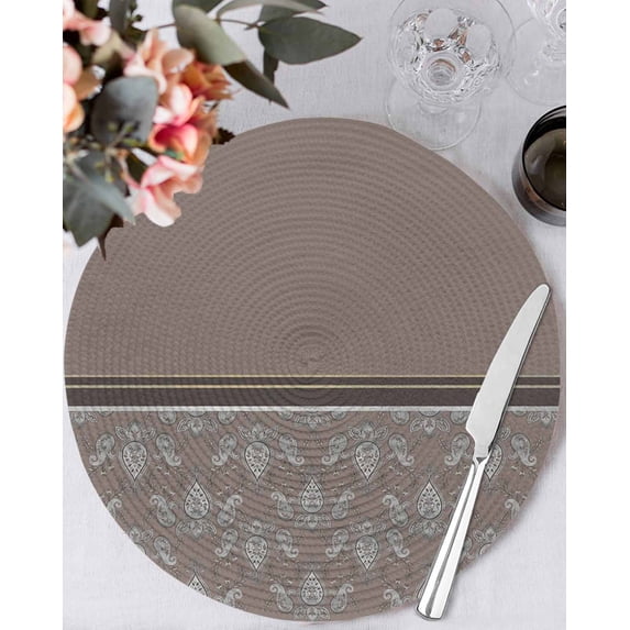 13 Inch Round Placemats Set of 6, Boho Brown Flower Non Slip Heat Insulation PP Table Mats, Abstract Bohemia Pesley Floral Washable Place Mats for Kitchen Dining Party Table Decor