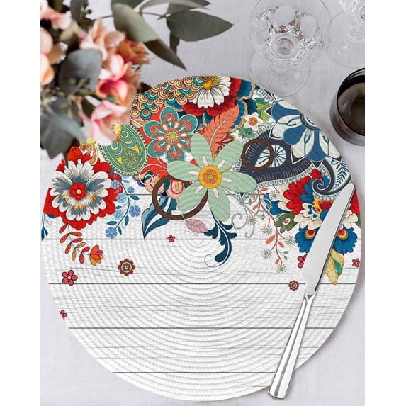 13 Inch Round Placemats Set of 6, Boho Flowers Non Slip Heat Insulation PP Table Mats, Bohemian Abstract Floral Vintage Wood Plank Washable Place Mats for Kitchen Dining Party Table Decor