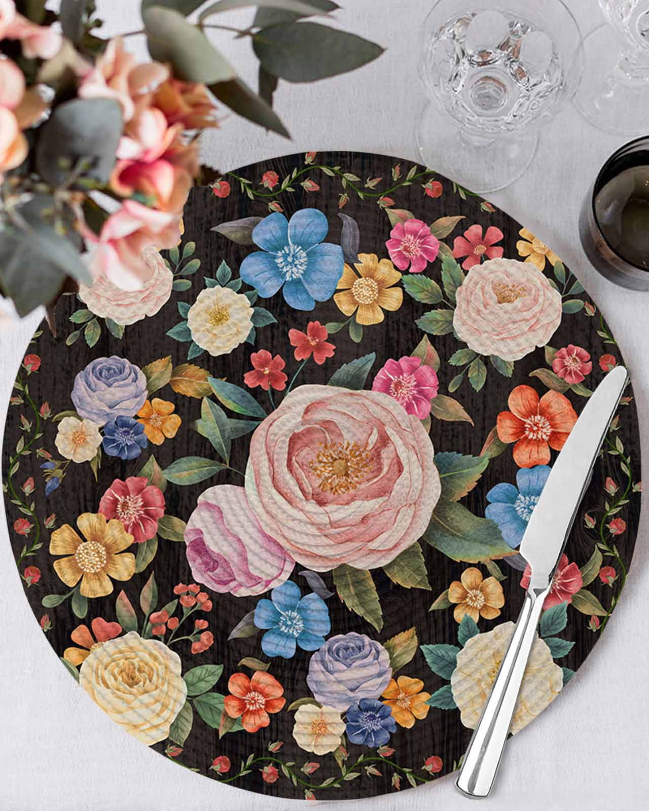 13 Inch Round Placemats Set of 6, Boho Pink Flower Non Slip Heat ...