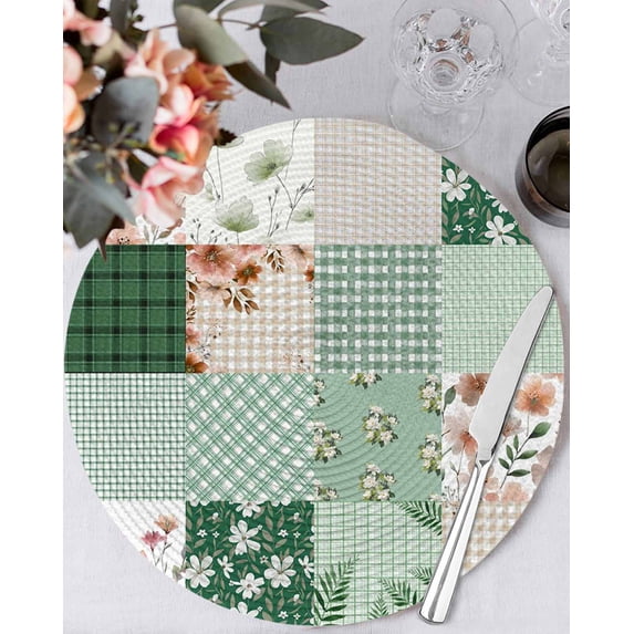 13 Inch Round Placemats Set of 6, Boho Spring Floral Non Slip Heat Insulation PP Table Mats, Retro Flowers Plants Patchwork Grid Green Washable Place Mats for Kitchen Dining Party Table Decor
