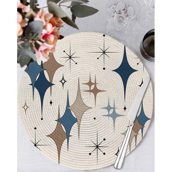 13 Inch Round Placemats Set of 6, Brown Green Diamond Non Slip Heat Insulation PP Table Mats, Modern Geometric Middle Century Beige Washable Place Mats for Kitchen Dining Party Table Decor