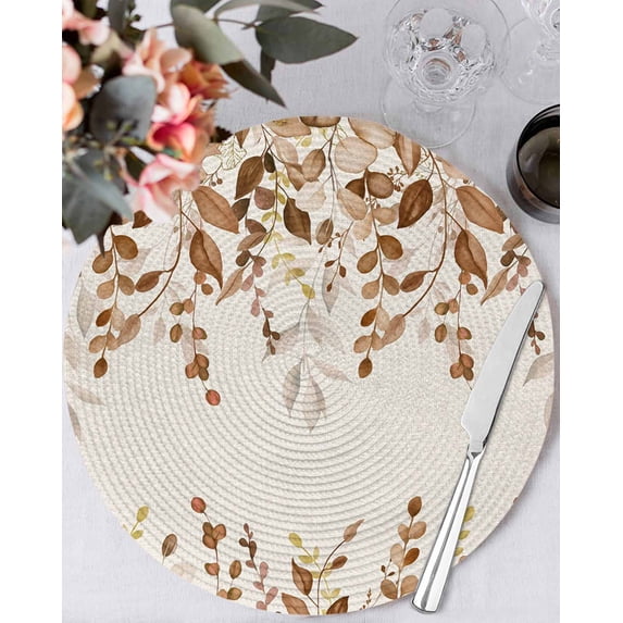 13 Inch Round Placemats Set of 6, Brown Orange Eucalyptus Non Slip Heat Insulation PP Table Mats, Farmhouse Weeping Leaves Linen Washable Place Mats for Kitchen Dining Party Table Decor