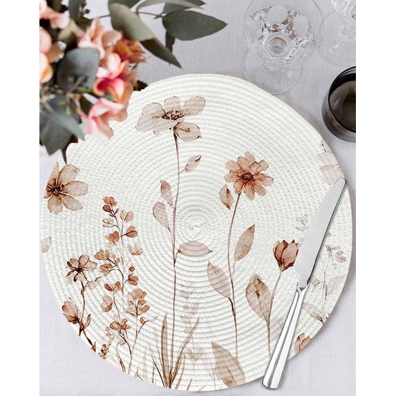 13 Inch Round Placemats Set of 6, Brown Red Spring Floral Non Slip Heat Insulation PP Table Mats, Summer Flowers Botanical Elegant Washable Place Mats for Kitchen Dining Party Table Decor