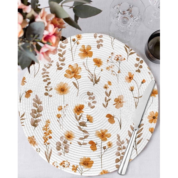 13 Inch Round Placemats Set of 6, Brown Spring Floral Non Slip Heat Insulation PP Table Mats, Flowers Botanical Elegant Pastoral Washable Place Mats for Kitchen Dining Party Table Decor