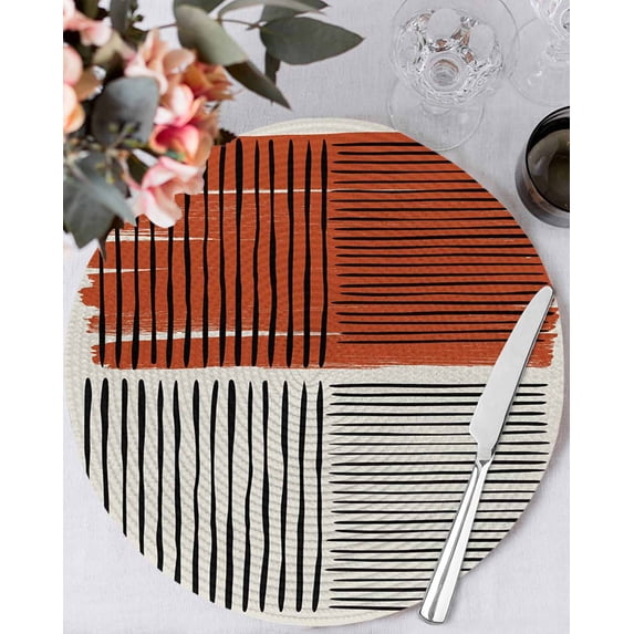 13 Inch Round Placemats Set of 6, Brown Striped Non Slip Heat Insulation PP Table Mats, Farmhouse Stripes Modern Abstract Art Washable Place Mats for Kitchen Dining Party Table Decor