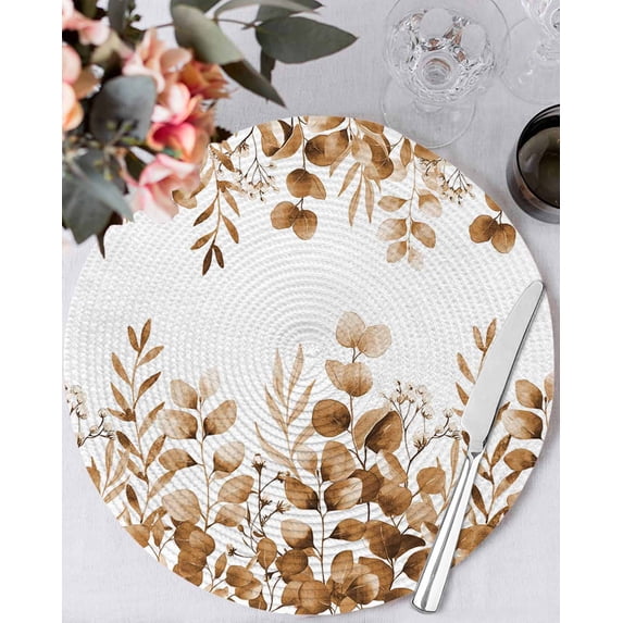 13 Inch Round Placemats Set of 6, Brown Yellow Eucalyptus Leaves Non Slip Heat Insulation PP Table Mats, Watercolor Spring Summer Botanical Washable Place Mats for Kitchen Dining Party Table Decor