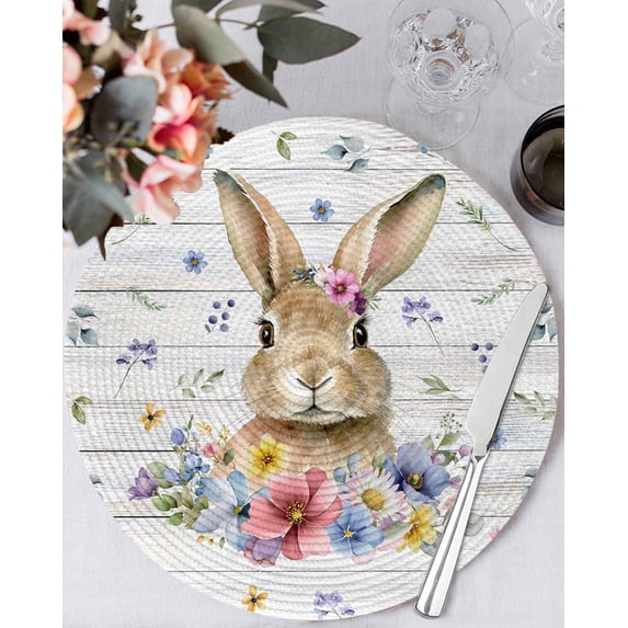 13 Inch Round Placemats Set of 6, Bunny Easter Non Slip Heat Insulation PP Table Mats, Spring Floral Pastoral Wooden Washable Place Mats for Kitchen Dining Party Table Decor