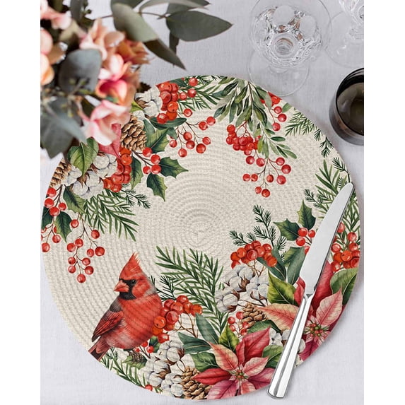 13 Inch Round Placemats Set of 6, Cardinal Bird Non Slip Heat Insulation PP Table Mats, Pine Cones Poinsettia Berry Floral Beige Washable Place Mats for Kitchen Dining Party Table Decor
