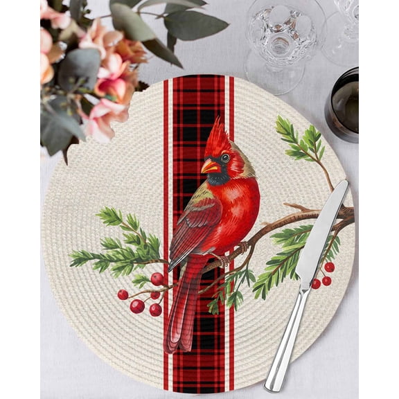13 Inch Round Placemats Set of 6, Cardinal Birds Non Slip Heat Insulation PP Table Mats, Xmas Pine Cones Branches Red Plaid Washable Place Mats for Kitchen Dining Party Table Decor