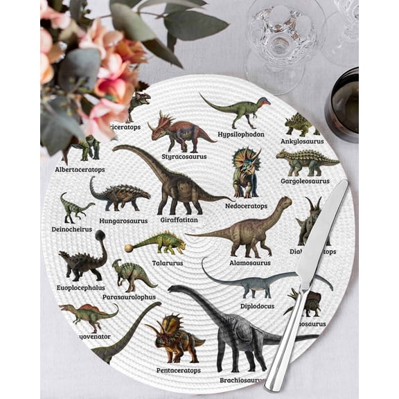 13 Inch Round Placemats Set of 6, Cartoon Dinosaurs Non Slip Heat Insulation PP Table Mats, Natural Primitive Wild Animals Names Washable Place Mats for Kitchen Dining Party Table Decor