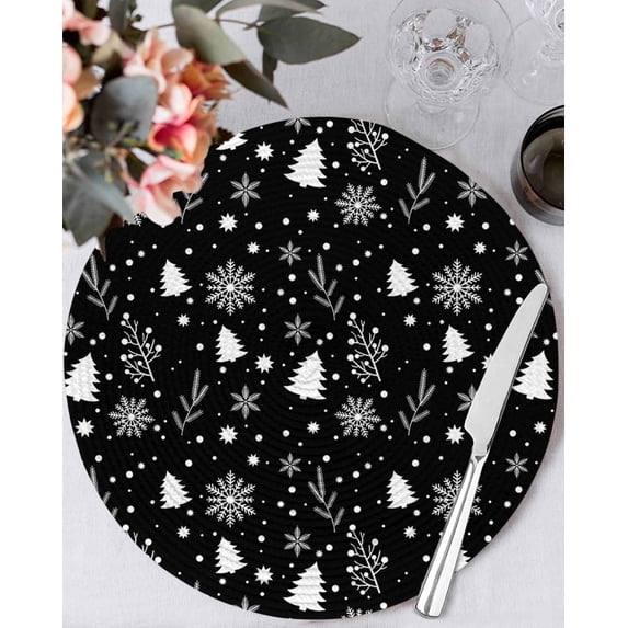 13 Inch Round Placemats Set of 6, Christmas Black Non Slip Heat Insulation PP Table Mats, Xmas Tree Winter Snowflakes Plants Holiday Washable Place Mats for Kitchen Dining Party Table Decor
