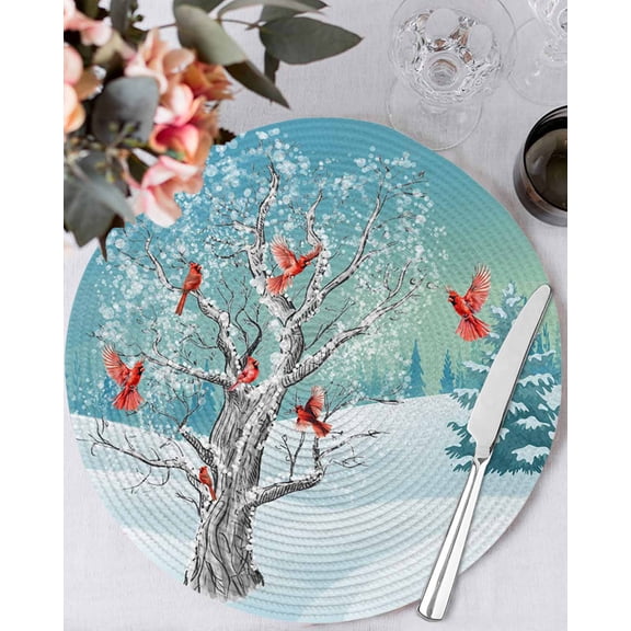 13 Inch Round Placemats Set of 6, Christmas Blue Non Slip Heat Insulation PP Table Mats, Cardinal Birds Winter Snowy Tree Washable Place Mats for Kitchen Dining Party Table Decor