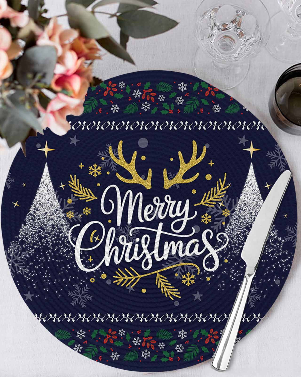 13 Inch Round Placemats Set of 6, Christmas Elk Non Slip Heat ...