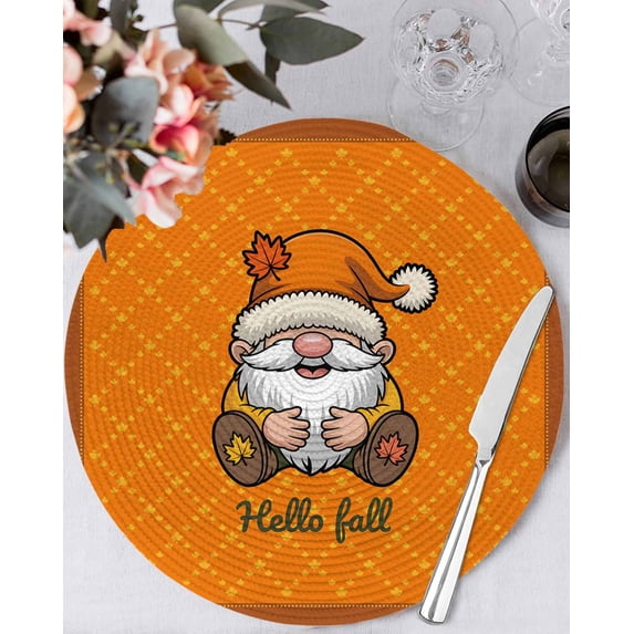 13 Inch Round Placemats Set of 6, Christmas Gnomes Non Slip Heat Insulation PP Table Mats, Winter Xmas Snowflakes Textured Orange Washable Place Mats for Kitchen Dining Party Table Decor