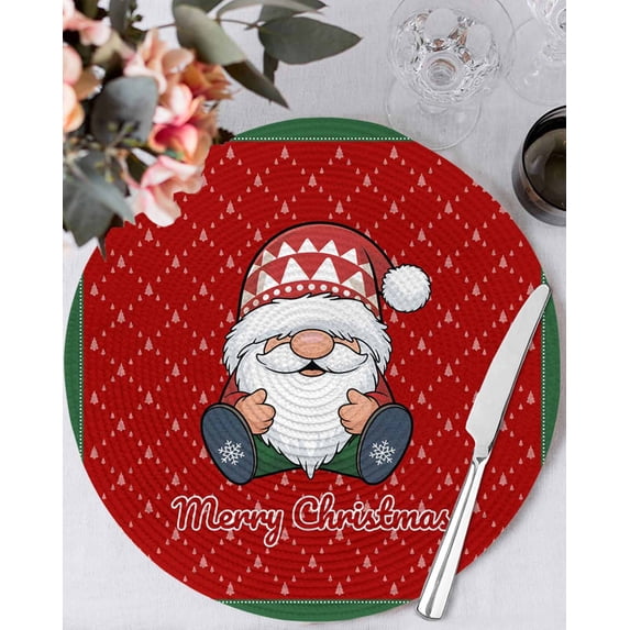 13 Inch Round Placemats Set of 6, Christmas Gnomes Non Slip Heat Insulation PP Table Mats, Winter Xmas Snowflakes Textured Red Washable Place Mats for Kitchen Dining Party Table Decor