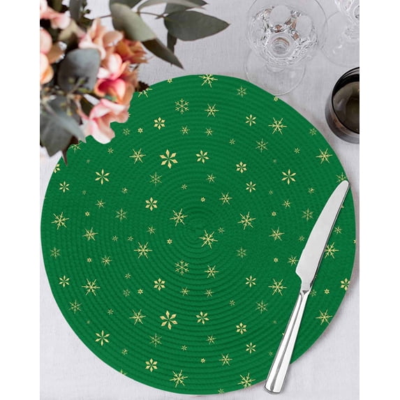 13 Inch Round Placemats Set of 6, Christmas Green Non Slip Heat Insulation PP Table Mats, Winter Snowflakes Xmas Retro Washable Place Mats for Kitchen Dining Party Table Decor
