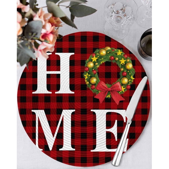 13 Inch Round Placemats Set of 6, Christmas Home Non Slip Heat Insulation PP Table Mats, Winter Xmas Red Black Buffalo Plaid Washable Place Mats for Kitchen Dining Party Table Decor