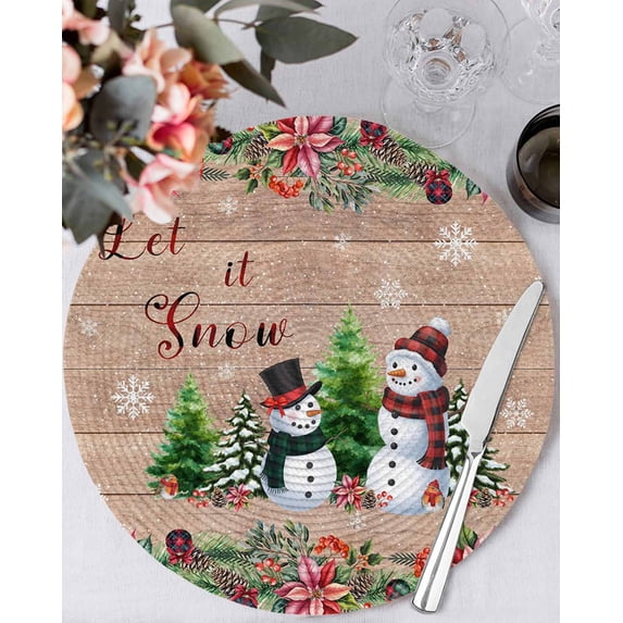 13 Inch Round Placemats Set of 6, Christmas Non Slip Heat Insulation PP Table Mats, Snowman Snowflake Xmas Tree Winter Wooden Washable Place Mats for Kitchen Dining Party Table Decor