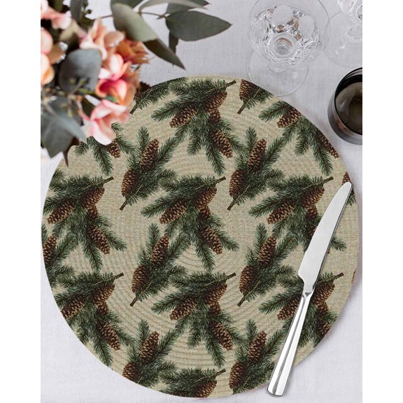 13 Inch Round Placemats Set of 6, Christmas Non Slip Heat Insulation PP Table Mats, Xmas Pine Cones Botanical Rustic Washable Place Mats for Kitchen Dining Party Table Decor