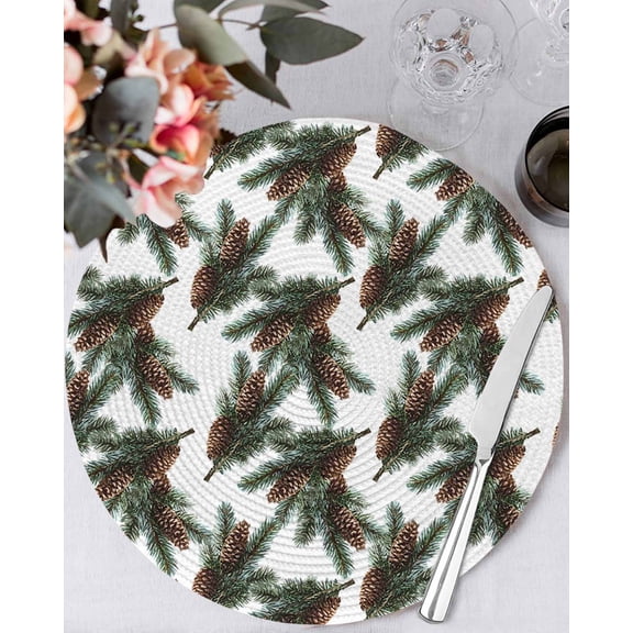 13 Inch Round Placemats Set of 6, Christmas Non Slip Heat Insulation PP Table Mats, Xmas Pine Cones Botanical Washable Place Mats for Kitchen Dining Party Table Decor