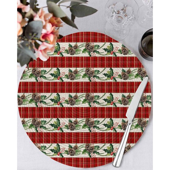 13 Inch Round Placemats Set of 6, Christmas Pine Cones Non Slip Heat Insulation PP Table Mats, Classic Red Buffalo Plaid Winter Washable Place Mats for Kitchen Dining Party Table Decor