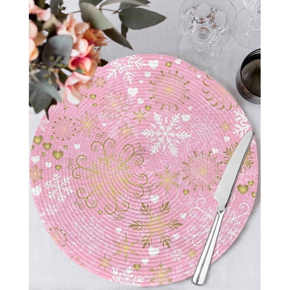 13 Inch Round Placemats Set of 6, Christmas Pink Non Slip Heat Insulation PP Table Mats, Xmas Winter Snowflakes New Year Holiday Washable Place Mats for Kitchen Dining Party Table Decor