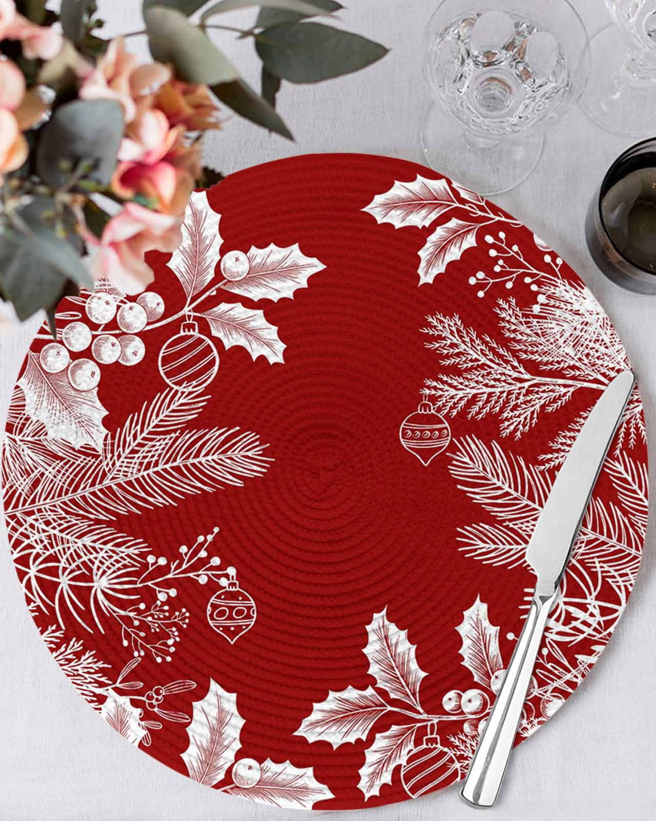 13 Inch Round Placemats Set of 6, Christmas Red Non Slip Heat ...