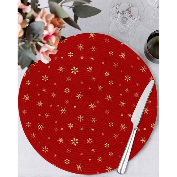 13 Inch Round Placemats Set of 6, Christmas Red Non Slip Heat Insulation PP Table Mats, Winter Snowflakes Xmas Retro Washable Place Mats for Kitchen Dining Party Table Decor