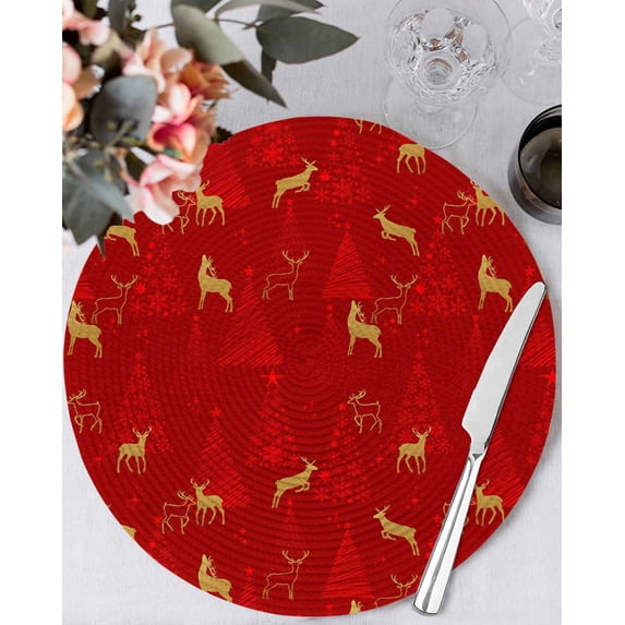 13 Inch Round Placemats Set of 6, Christmas Red Non Slip Heat Insulation PP Table Mats, Yellow Reindeer Xmas Trees New Year Washable Place Mats for Kitchen Dining Party Table Decor