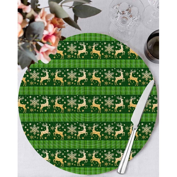 13 Inch Round Placemats Set of 6, Christmas Reindeer Non Slip Heat Insulation PP Table Mats, Xmas Green Plaid Winter Snowflakes Washable Place Mats for Kitchen Dining Party Table Decor