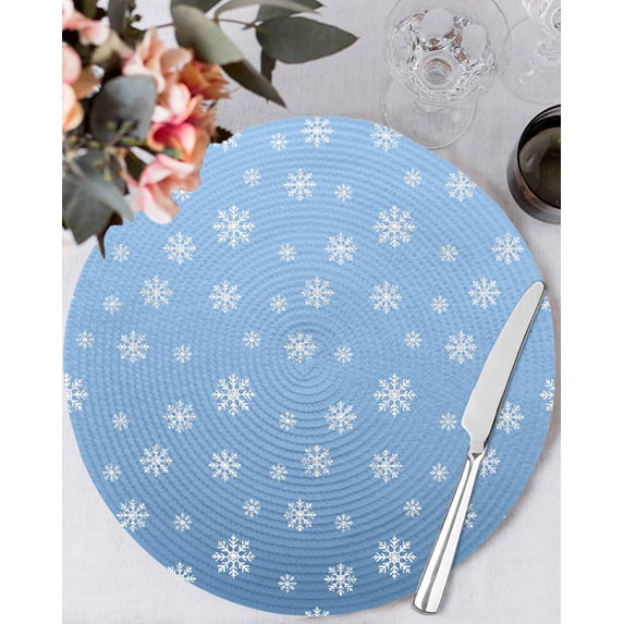 13 Inch Round Placemats Set of 6, Christmas Sky Blue Non Slip Heat Insulation PP Table Mats, Xmas Snowflakes Winter Minimalist Washable Place Mats for Kitchen Dining Party Table Decor