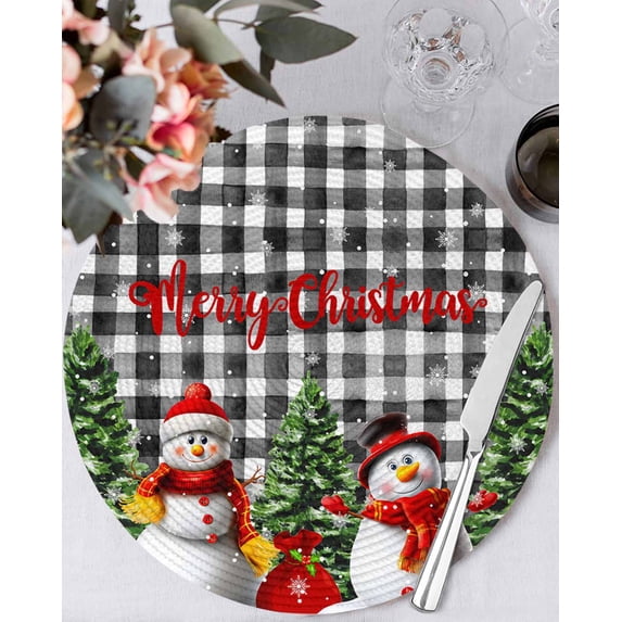 13 Inch Round Placemats Set of 6, Christmas Snowman Non Slip Heat Insulation PP Table Mats, Black White Plaid Snowflake Pine Tree Washable Place Mats for Kitchen Dining Party Table Decor