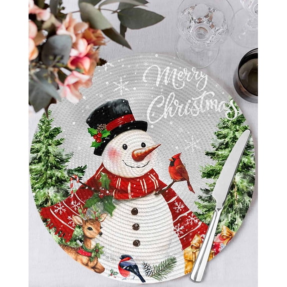 13 Inch Round Placemats Set of 6, Christmas Snowman Non Slip Heat Insulation PP Table Mats, Grey Xmas Tree Elk Gifts Snowflake Washable Place Mats for Kitchen Dining Party Table Decor