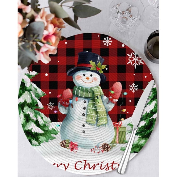 13 Inch Round Placemats Set of 6, Christmas Snowman Non Slip Heat Insulation PP Table Mats, Red Black Check Xmas Tree Snowflake Washable Place Mats for Kitchen Dining Party Table Decor