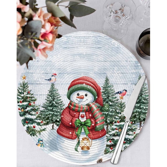 13 Inch Round Placemats Set of 6, Christmas Snowman Non Slip Heat Insulation PP Table Mats, Xmas Tree Snowflake Blue Wooden Winter Washable Place Mats for Kitchen Dining Party Table Decor