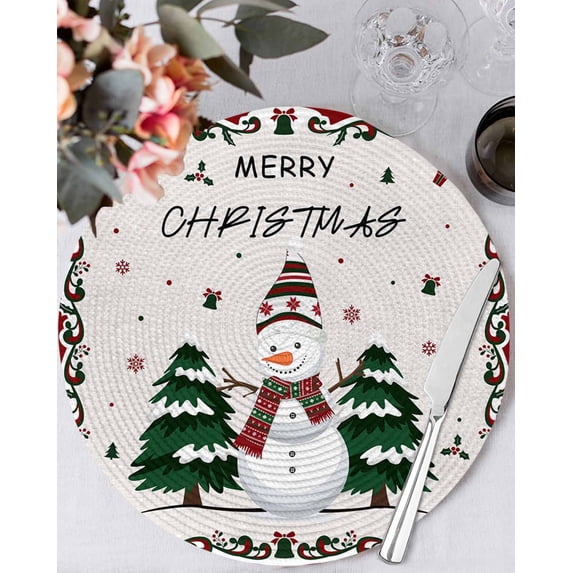 13 Inch Round Placemats Set of 6, Christmas Snowman Non Slip Heat Insulation PP Table Mats, Xmas Tree Snowflake Burlap Winter Washable Place Mats for Kitchen Dining Party Table Decor