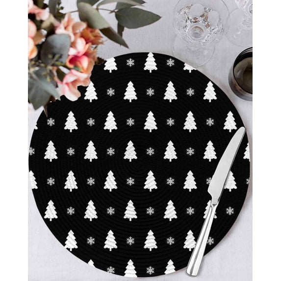13 Inch Round Placemats Set of 6, Christmas Tree Non Slip Heat Insulation PP Table Mats, Black White Winter Xmas Snowflakes Washable Place Mats for Kitchen Dining Party Table Decor