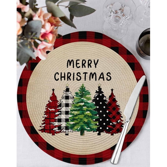 13 Inch Round Placemats Set of 6, Christmas Tree Non Slip Heat Insulation PP Table Mats, Green Xmas Tree Red Black Plaid Rustic Washable Place Mats for Kitchen Dining Party Table Decor