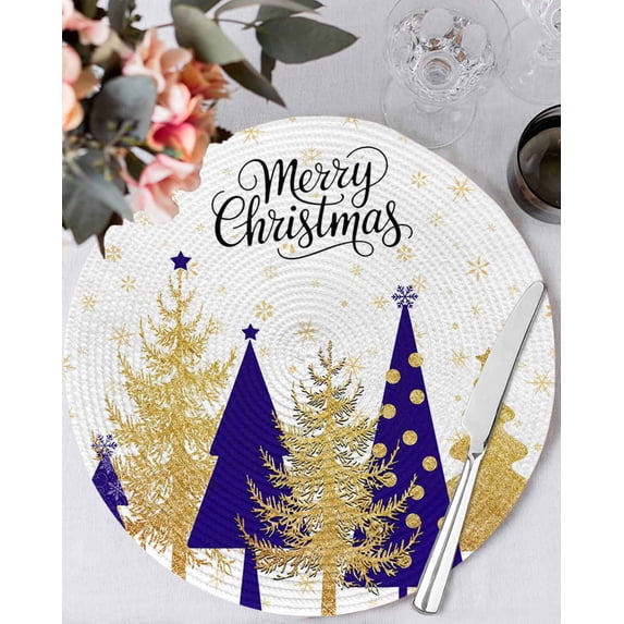 13 Inch Round Placemats Set of 6, Christmas Tree Non Slip Heat Insulation PP Table Mats, Winter Snowflake Blue Xmas Tree Abstract Washable Place Mats for Kitchen Dining Party Table Decor