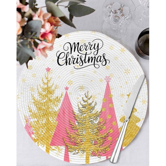 13 Inch Round Placemats Set of 6, Christmas Tree Non Slip Heat Insulation PP Table Mats, Winter Snowflake Xmas Pink Pine Tree Washable Place Mats for Kitchen Dining Party Table Decor