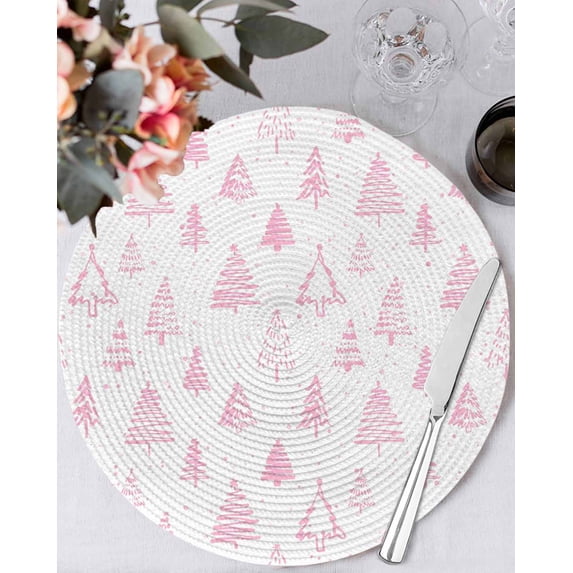 13 Inch Round Placemats Set of 6, Christmas Tree Non Slip Heat Insulation PP Table Mats, Xmas Pink Cartoon Tree Snowflakes Farmhouse Washable Place Mats for Kitchen Dining Party Table Decor