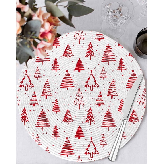 13 Inch Round Placemats Set of 6, Christmas Tree Non Slip Heat Insulation PP Table Mats, Xmas Red Cartoon Tree Snowflakes Country Washable Place Mats for Kitchen Dining Party Table Decor