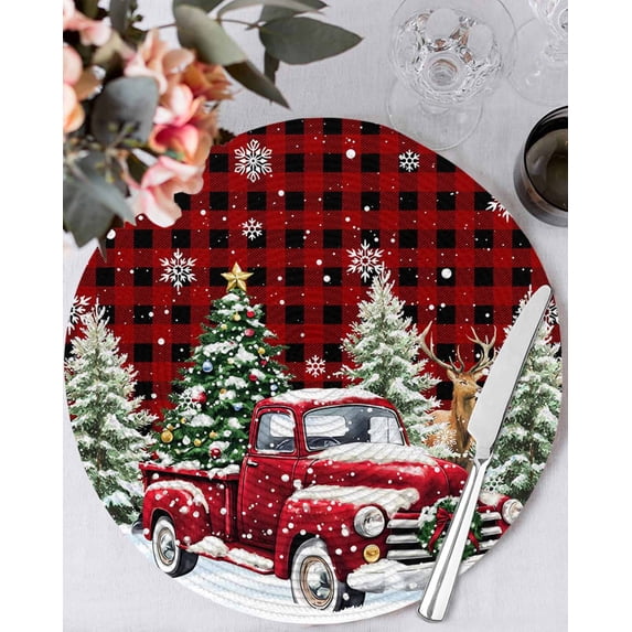 13 Inch Round Placemats Set of 6, Christmas Truck Non Slip Heat Insulation PP Table Mats, Winter Snowflakes Xmas Tree Deer Red Black Washable Place Mats for Kitchen Dining Party Table Decor