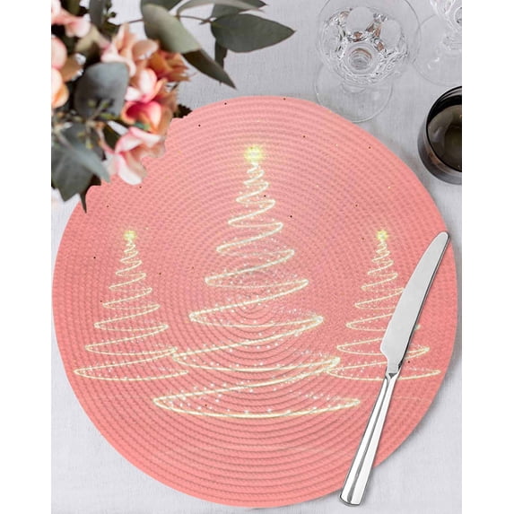 13 Inch Round Placemats Set of 6, Chritsmas Tree Lights Non Slip Heat Insulation PP Table Mats, Pink Xmas New Year Holiday Washable Place Mats for Kitchen Dining Party Table Decor