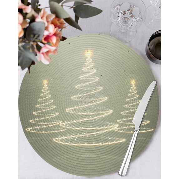 13 Inch Round Placemats Set of 6, Chritsmas Tree Lights Non Slip Heat Insulation PP Table Mats, Sage Green Xmas New Year Holiday Washable Place Mats for Kitchen Dining Party Table Decor